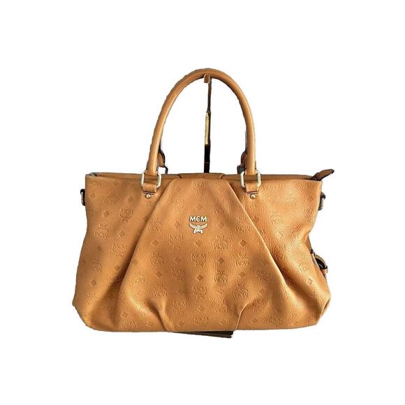MCM Visetos Leather Cross Shoulder Bag Camel Tan Embossed Logo Purse Handbag - Picture 1 of 15